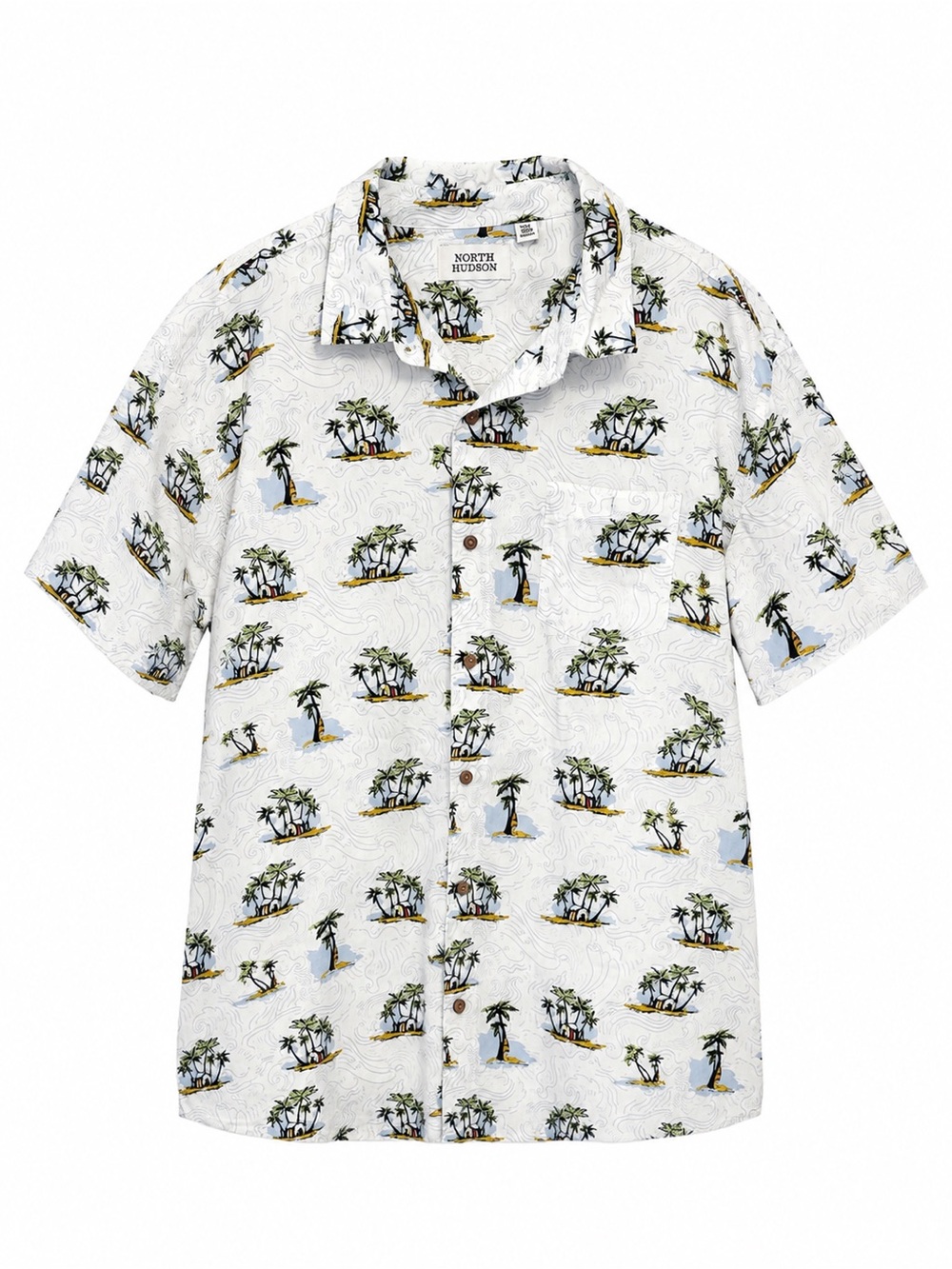 North Hudson Hawaiian Camp Shirt Tropical Island Palm Tree Print 100% Cotton Men